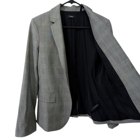 Theory Carissa Women's 8 Slim Tartan Plaid Wool Gray Two Button Blazer - Picture 8 of 15